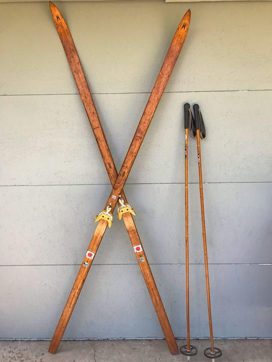 Hand made wooden Skis w/ original poles BY BIRKE BINER: This pair of hand made Norwegian wooden skis are by Birke Beiner of Norway and have their original poles.