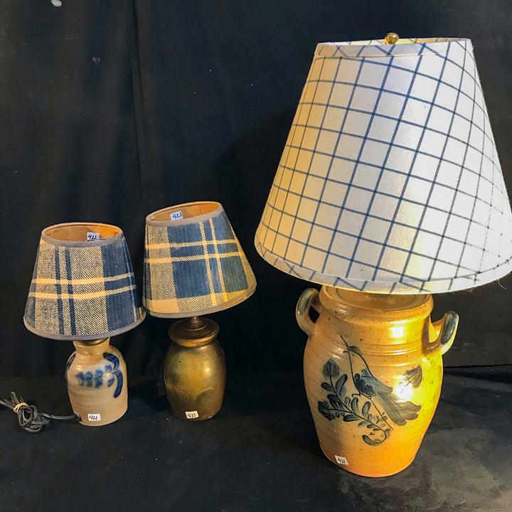 3 Designer Salt Glazed Lamps w/ Cobalt decoration (1 of 6)