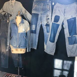 30's-50's Farm Denim Jeans, Overalls, Jacket and Shirt: This group of antique denim includes a heavily patched pair of pinstriped button fly Lee jeans with inside buttons for suspenders (30" waist), a pair of Hercules highwaisted jeans with side knife pock