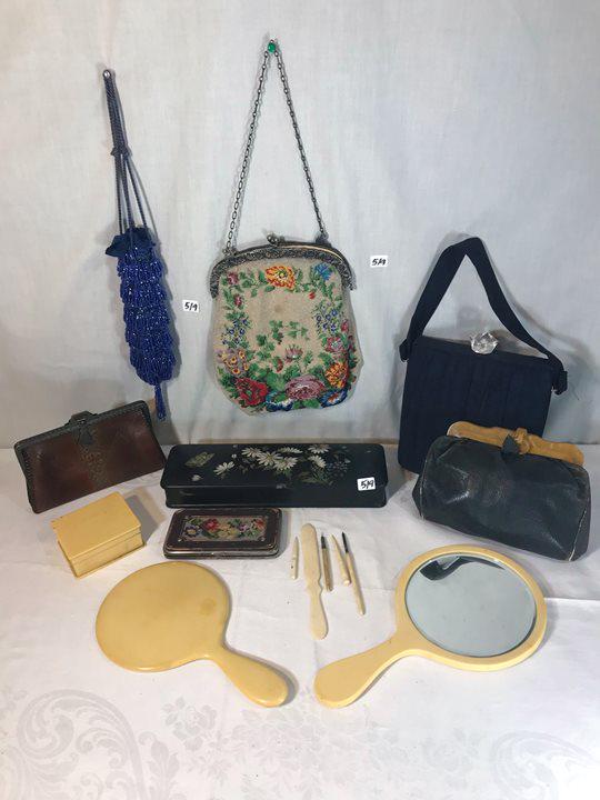 Antique Ladies Purses, Glove box, Impliments, Mirrors: This group of antique ladies handbags and dresser items include a hand painted Victorian glove box, and embroidered 1860's ladies calling card holder, a group of celluloid mirrors, box, and bone dress