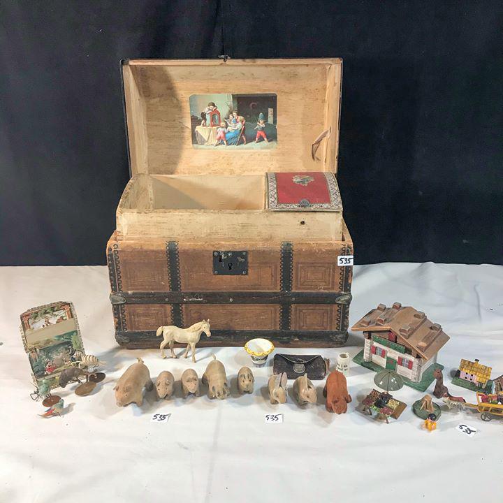 Victorian Doll Trunk and Miniture Stuffed Animals, Wood (1 of 14)