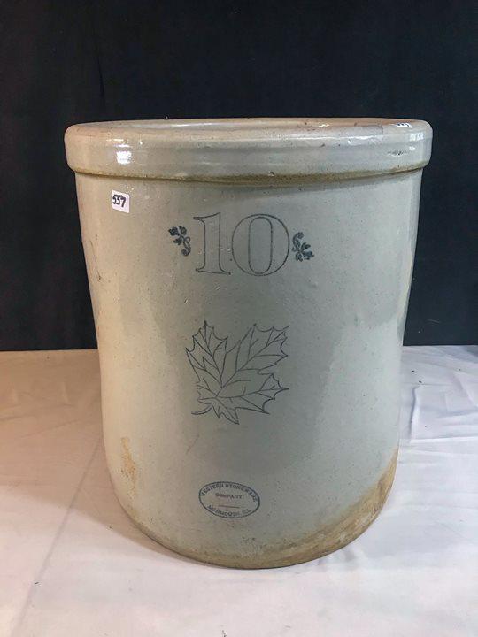 Western CO. 10 Gallon Maple Leaf Crock: This Western Company 10 gallon maple leaf crock is in good condition, except for stains.