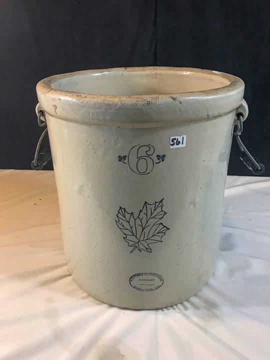 6 Gallon Western Co. Maple leaf Crock w Bale Handles: This 6 gallon Western Company Maple leaf crock has a very minor age crock at very bottom.