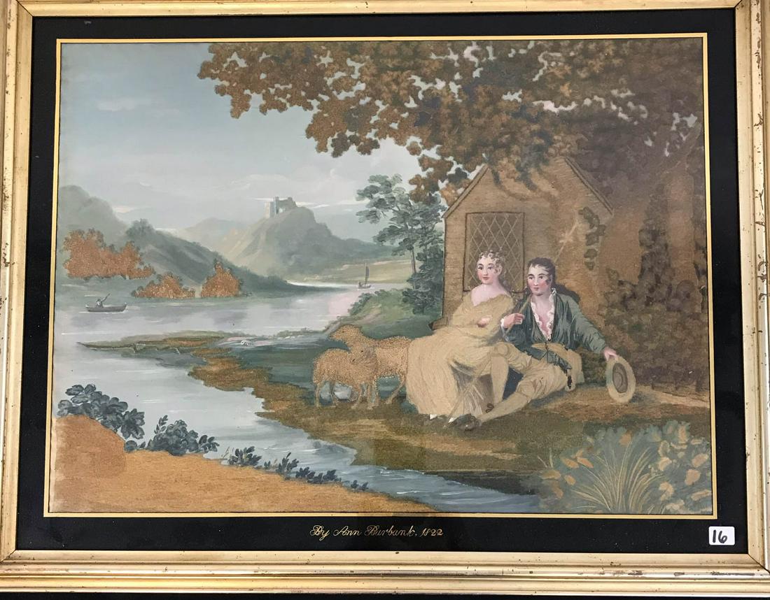 Ann Burbank 1822 Painting with Needlepoint of 2 Lovers (1 of 8)