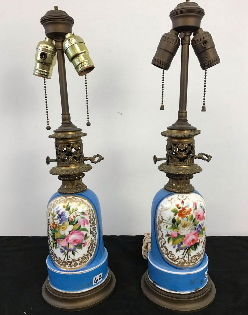 Pair 1800's Old Paris/Sevres (?) electrified Oil Lamps (1 of 7)