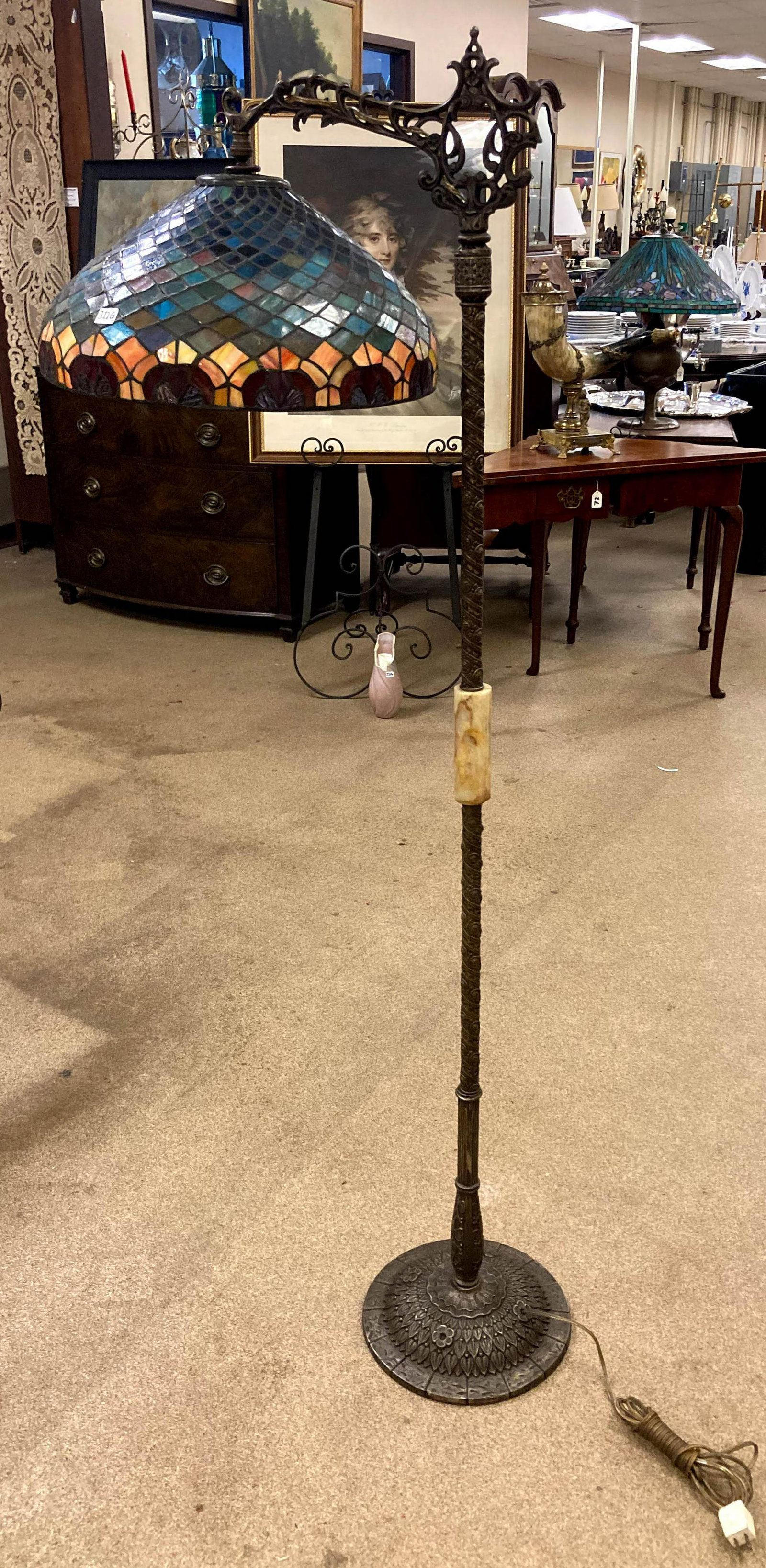 Filigreed Bronze Bridge Lamp with Leaded Glass Shade (1 of 4)