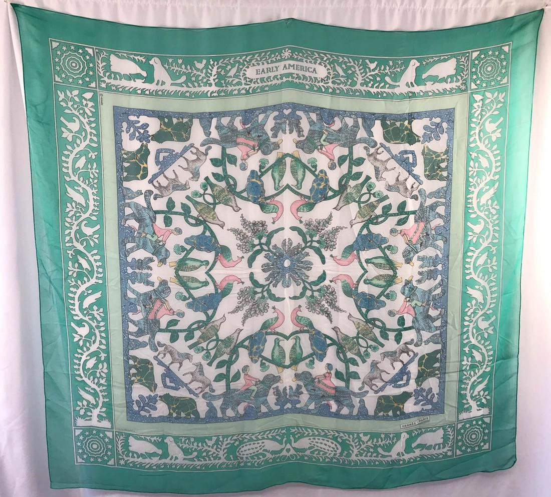 Huge Sheer Silk Hermes Scarf in Early-American Pattern (1 of 10)