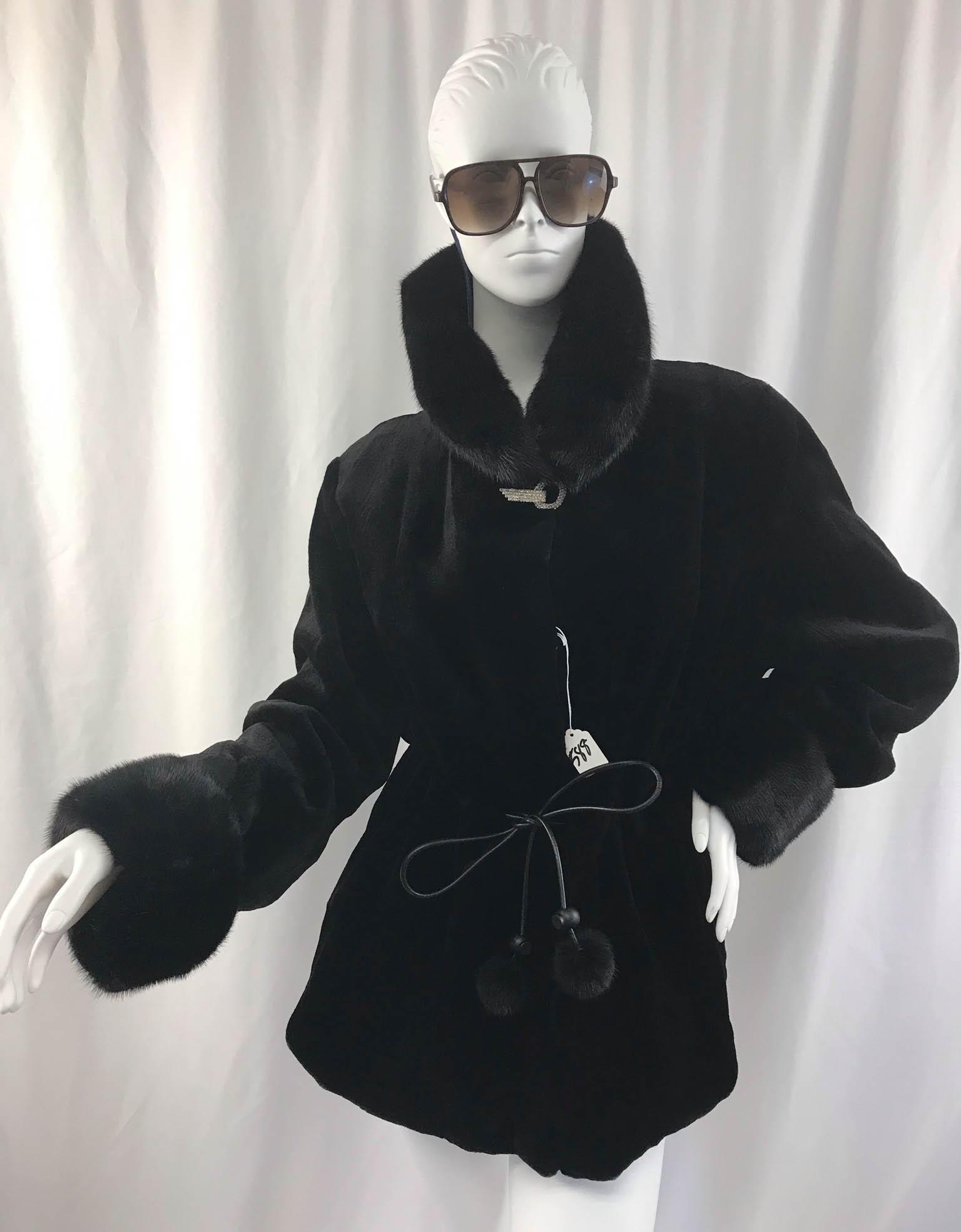 Sheared Black Mink Fur Jacket with Drawstring Waist - (1 of 6)