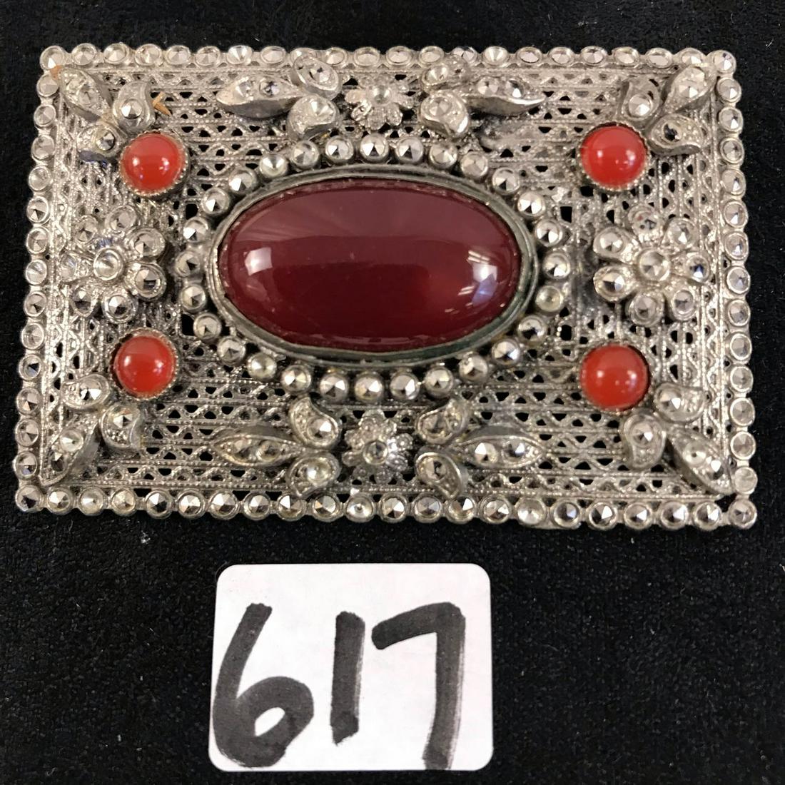 Edwardian Square Marcasite and Carnelian Brooch: This Edwardian marcasite and carnelian brooch or pin is in excellent condition and measures 1.75" high X 2.25" wide.