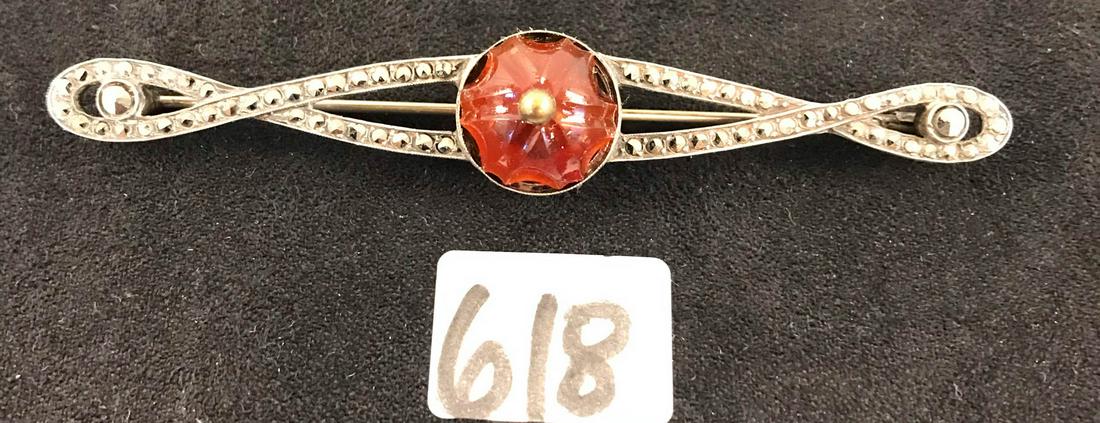 Edwardian Carved Carnelian & Marcasite Bar Pin: This Edwardian hand-crafted, carved carnelian and marcasite bar brooch or pin is in excellent condition. It measures .5" high X 3.75" wide.