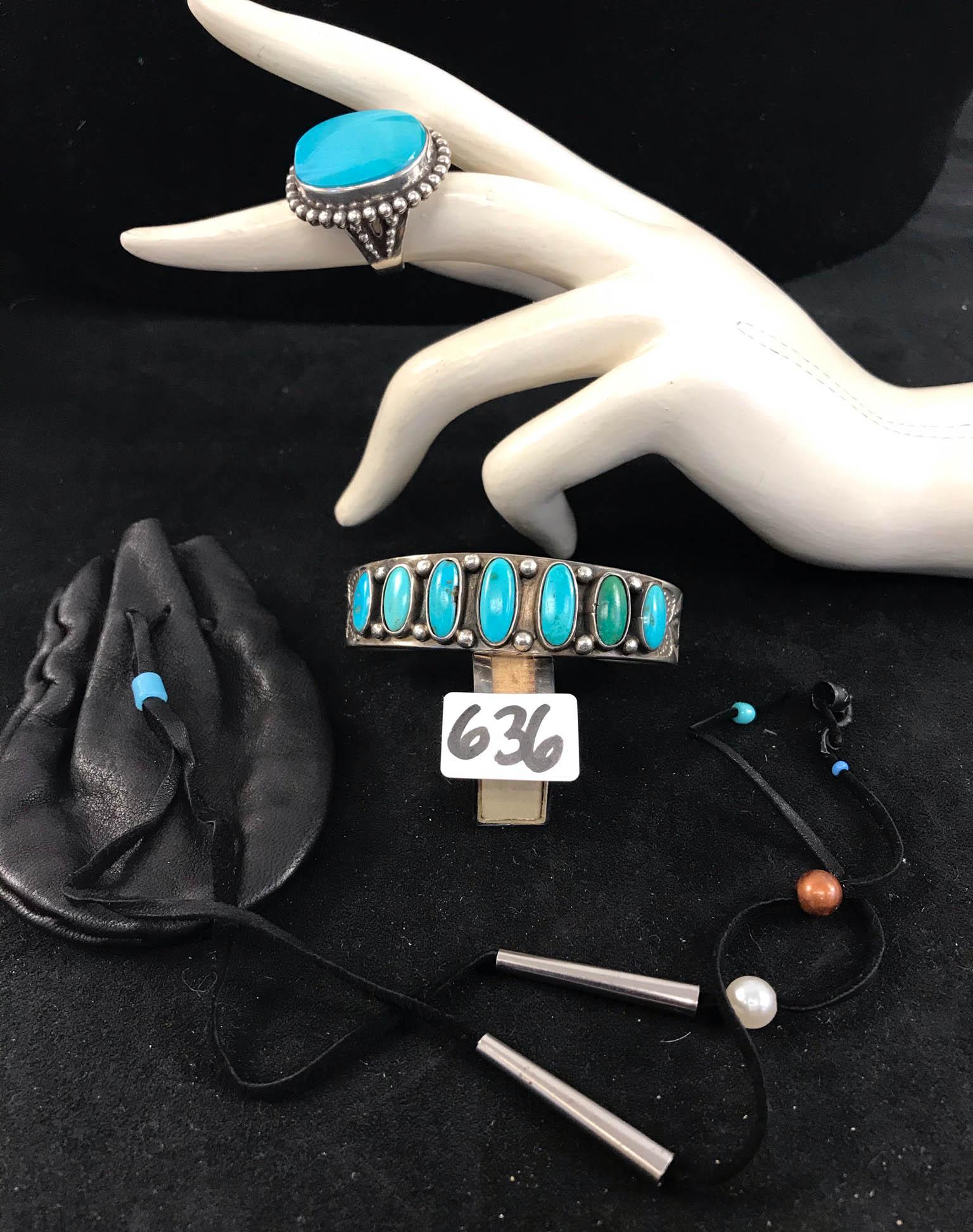 Heavy Sterling and Turquoise Navajo Bracelet, Ring and (1 of 10)