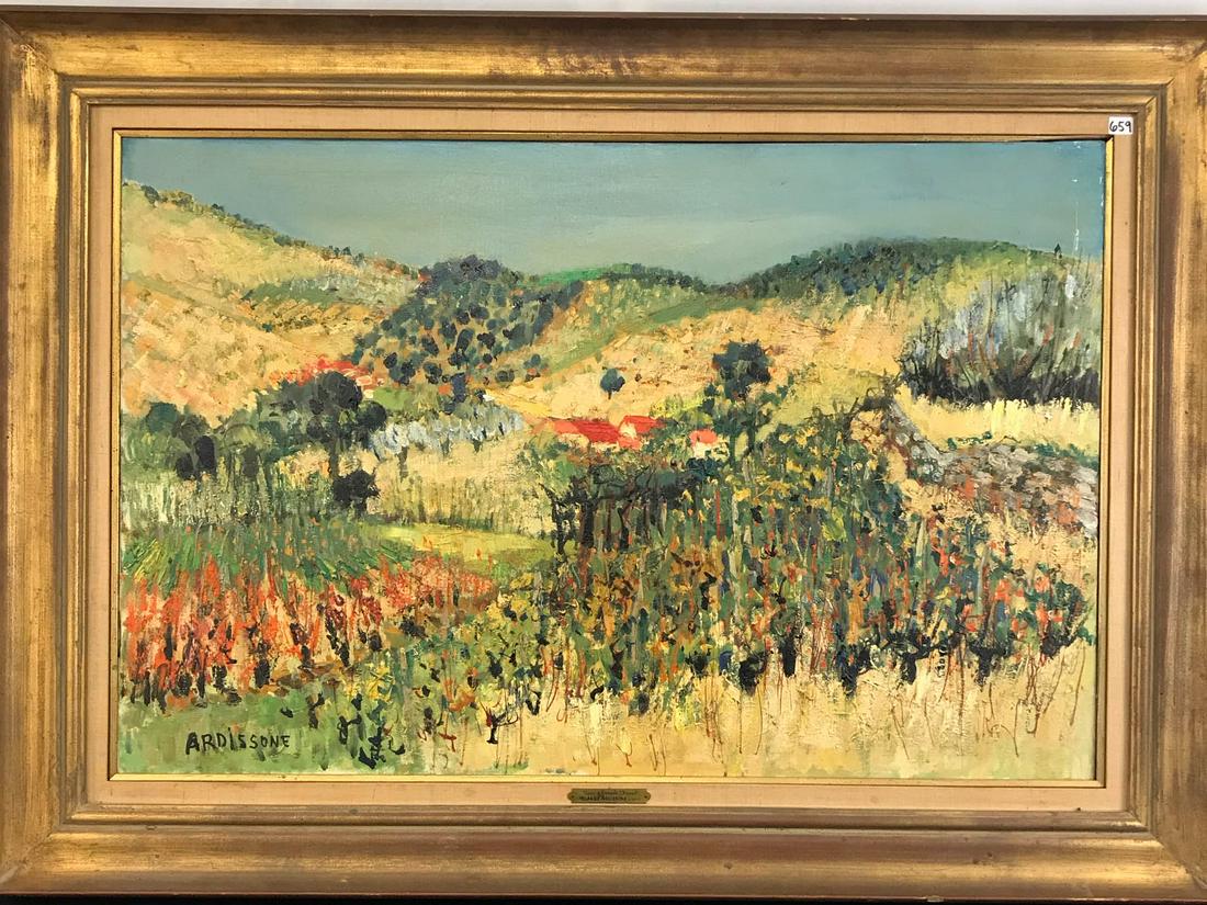 Yolande Ardissone Oil-On-Canvas Landscape Painting: This large oil-on-canvas painting is by French artist Yolande Ardissone (b. 1927) and is titled Vignes a Banyuls (France). It is a landscape of flowers and fields in a valley. It measures 31.5" tall X
