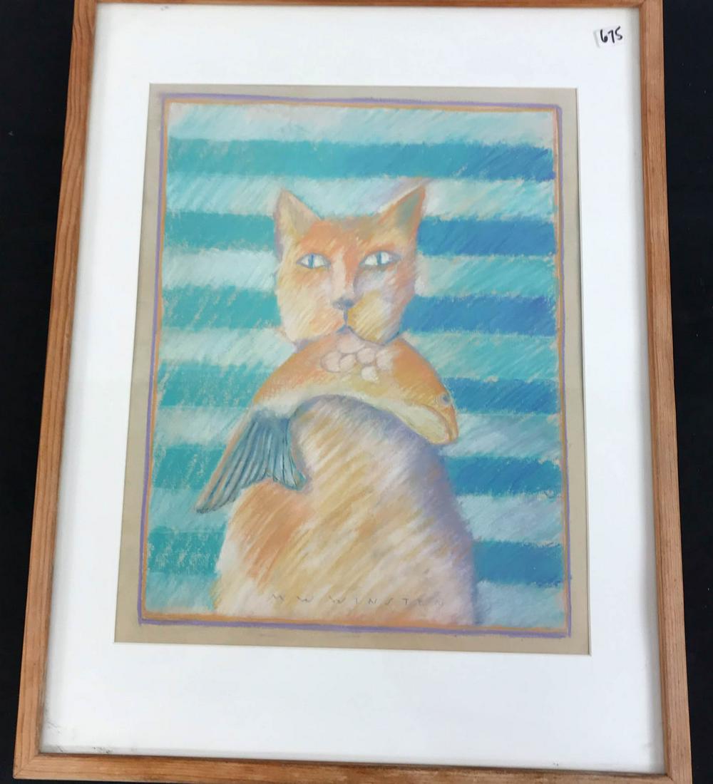 M. W. Winter designed Pastel Drawing of Cat with Fish (1 of 5)