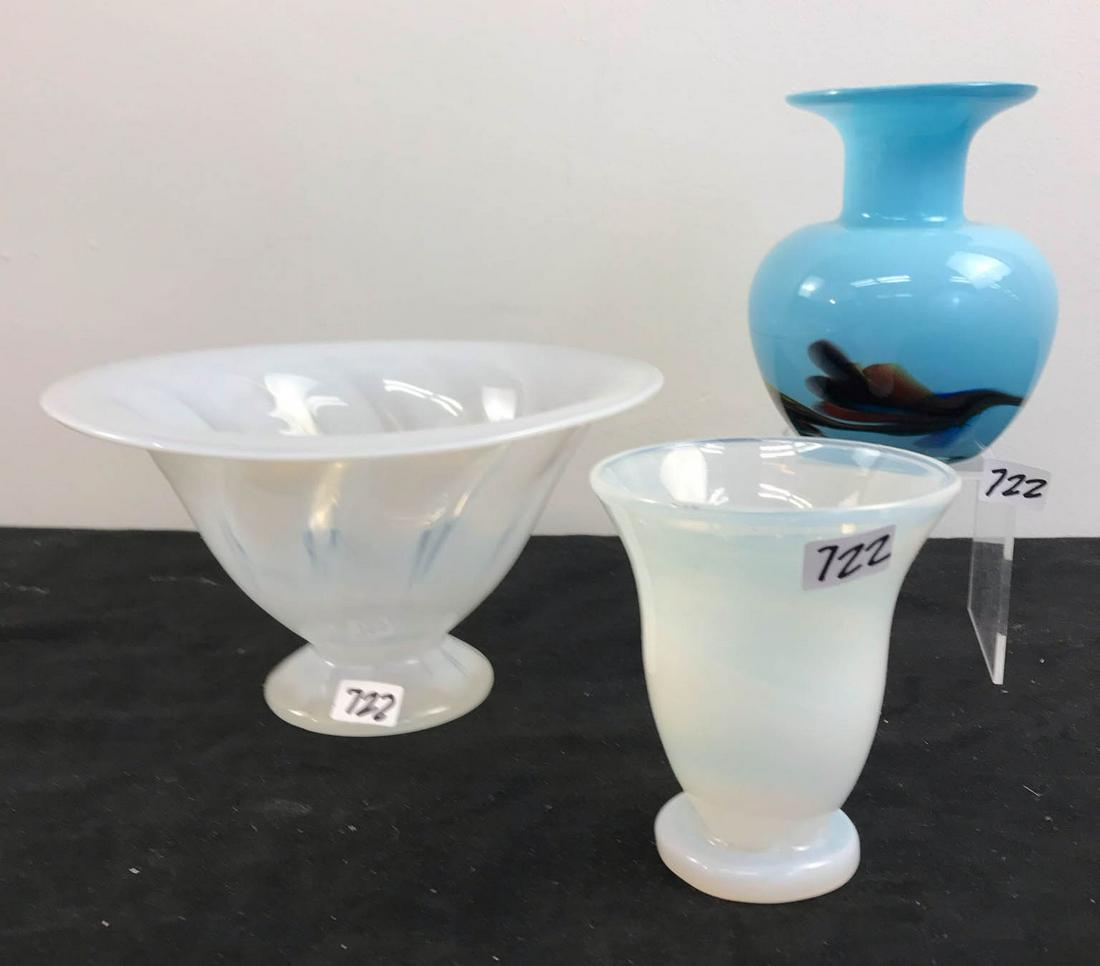 Group of Art Glass - Opalescent Bowl, Vase and More!: This group of mid-century art glass pieces will include a footed opalescent bowl with waves (4" Tall X 8" wide), a footed opalescent tumbler (3.5" tall X 4.5" wide) , and a hand-blown vase in French b