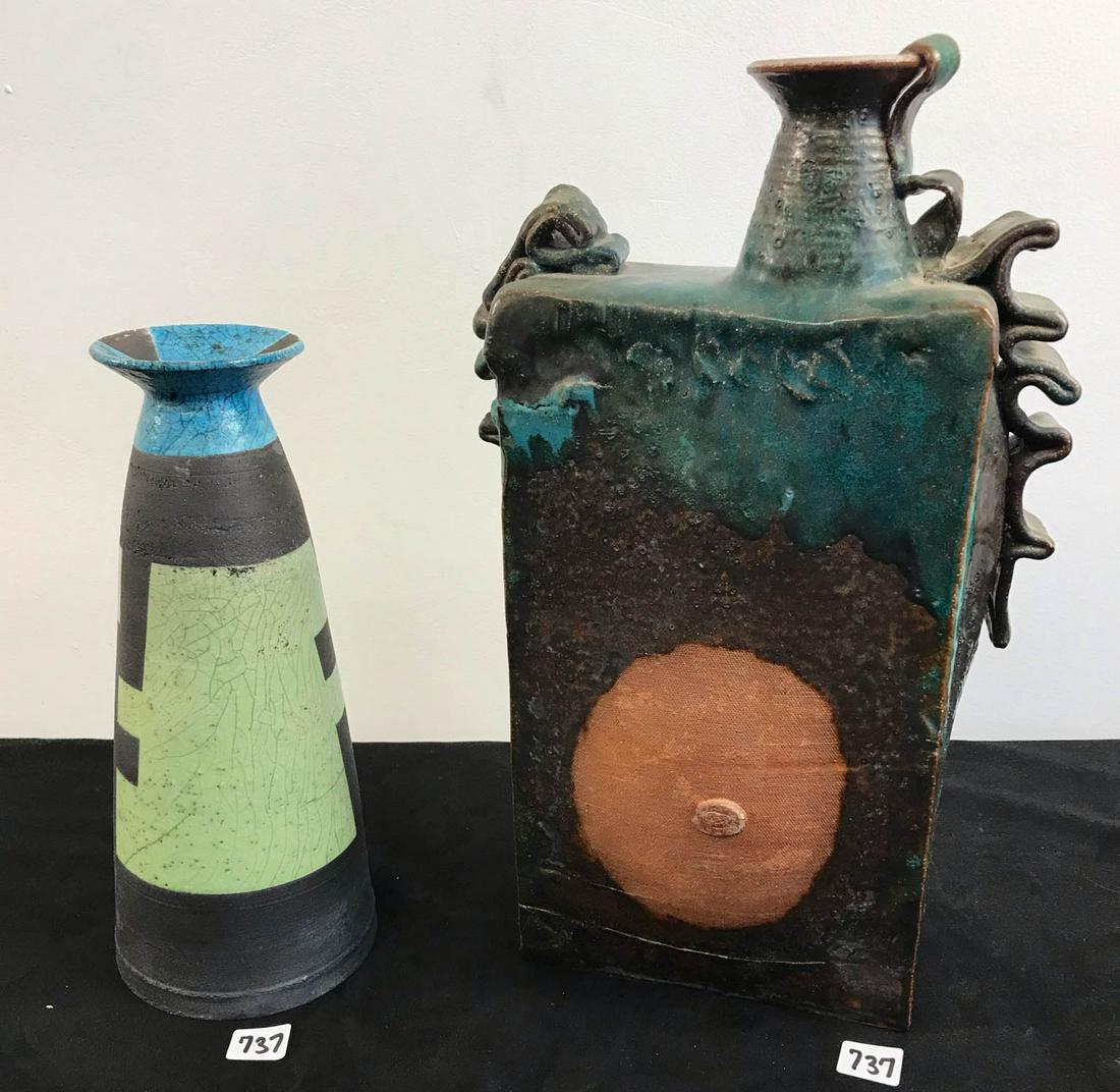 Mid-Century Raku-Style Vases - Olsen, Ann McNulty: A duo of handmade, mid-century earthenware pottery vases. Includes a well-executed and thought out pottery vase that truly expresses the design aspect of the late 60's/early 70's. This wonderful piece