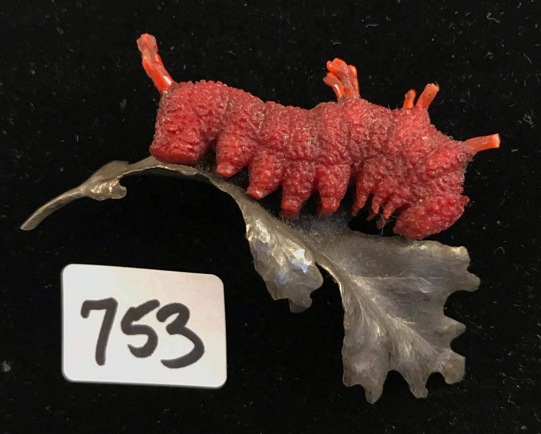 Carved Coral, Sterling and Gold Caterpillar Brooch or (1 of 3)