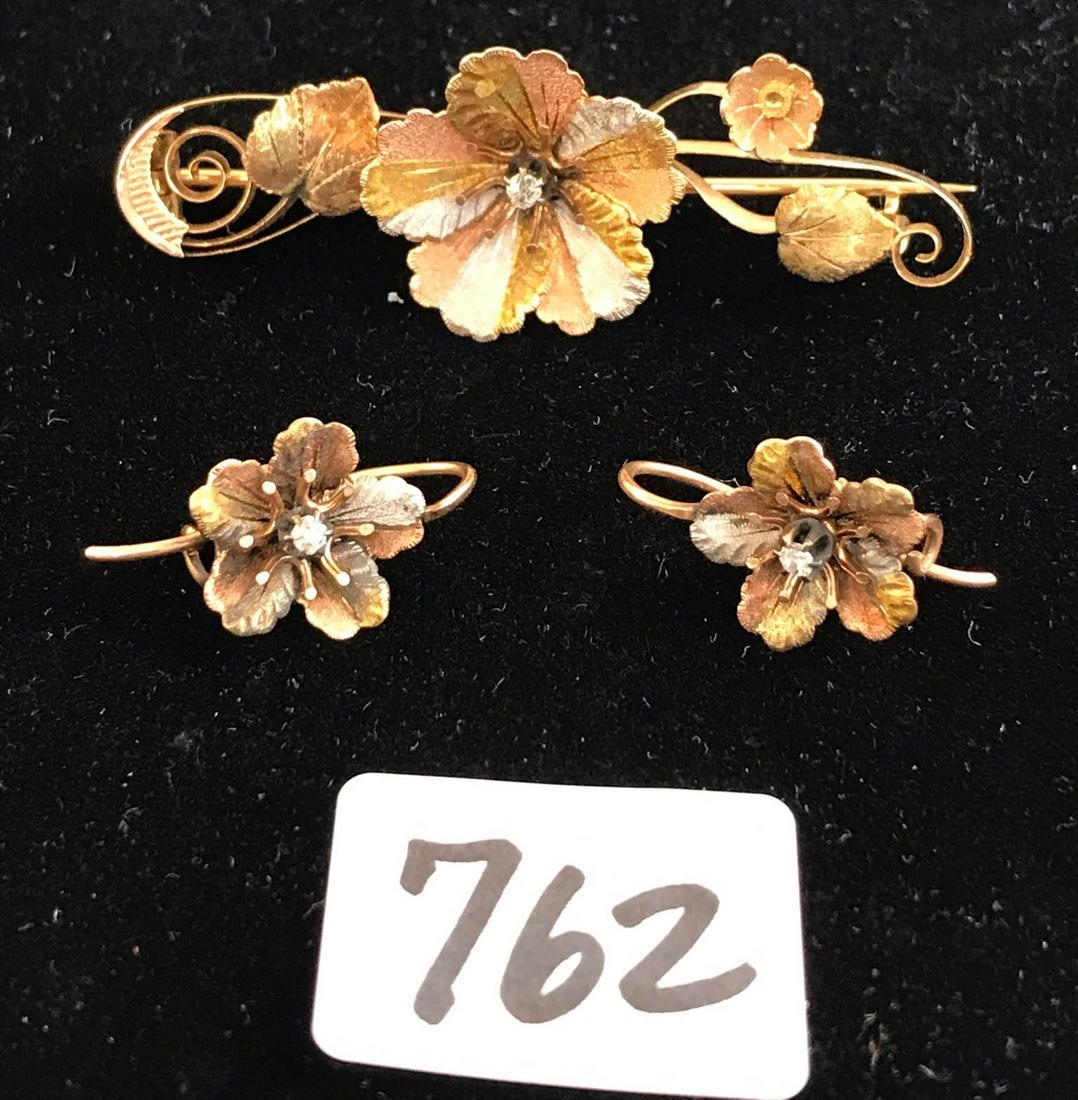 10 Karat Gold Floral Brooch and Earrings w/ Mine Cut (1 of 4)