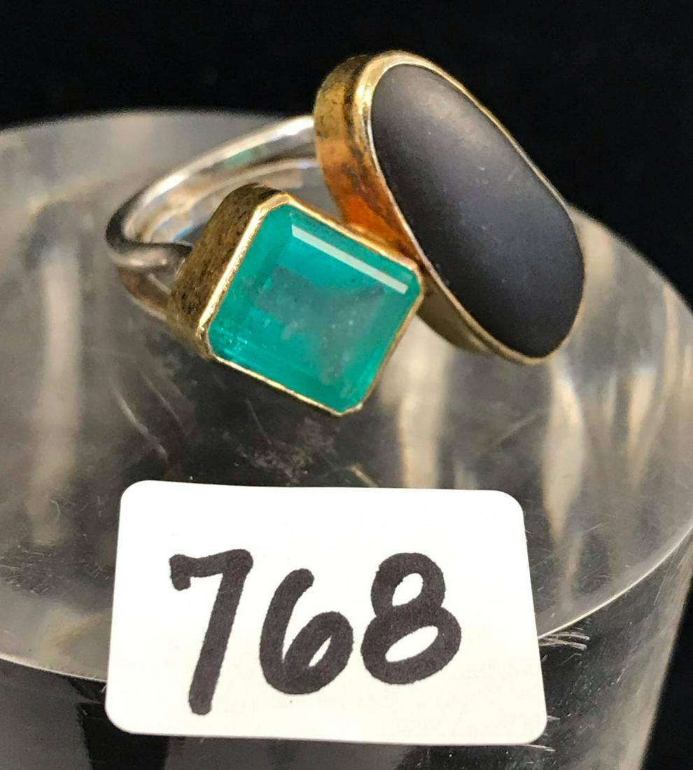 22K Gold and Sterling Ring With Onyx and Huge Emerald (1 of 6)