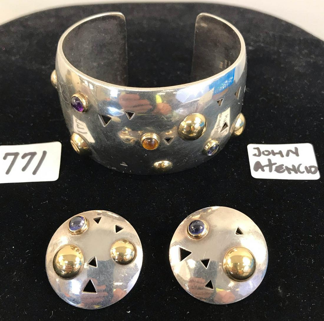 John Atencio Jeweled Cuff and Earrings in Sterling and: This jeweled cuff bracelet is presented together with a pair of matching clip earrings. The pieces are made of sterling silver, with 22K gold accenting the mountings where the cabochon stones are set.