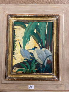 Jessie Arms Botke Oil-On-Board Painting Of Cranes: Here we offer a beautiful late 1940s or early 1950s oil-on-wood-board painting by Jessie Arms Botke. Botke (1883-1971) was a highly-skilled artist, best known for her images of birds and frequent use