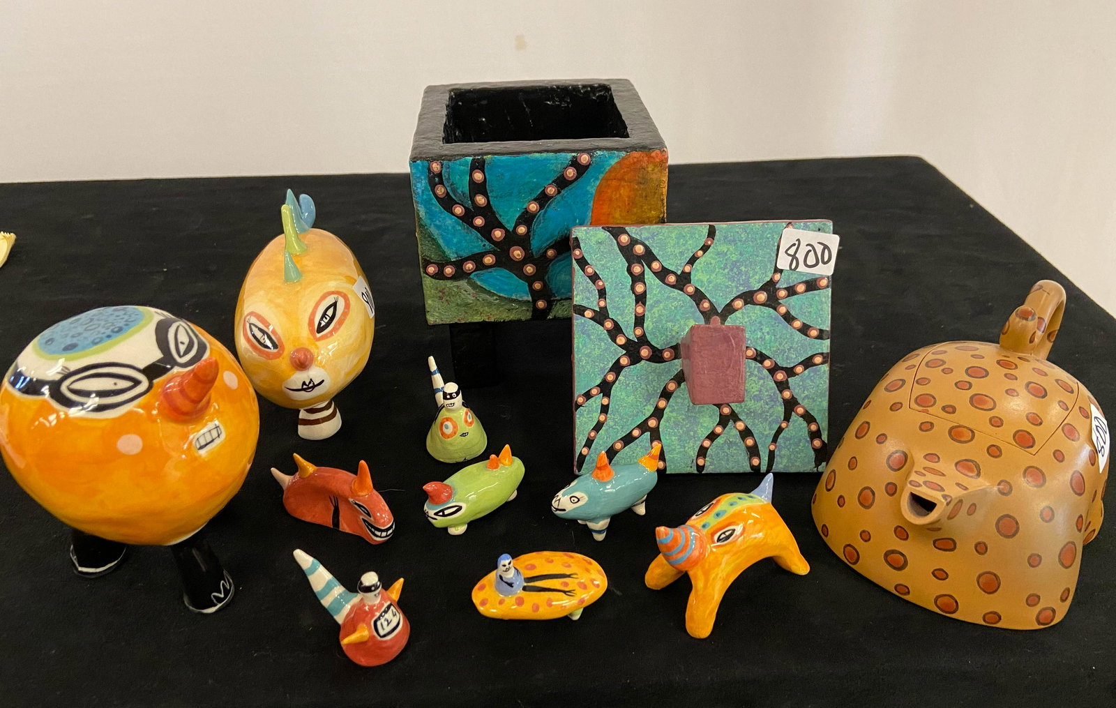 Folk Art Lot - Covered Box on Legs, Teapot, Oni/On (1 of 10)