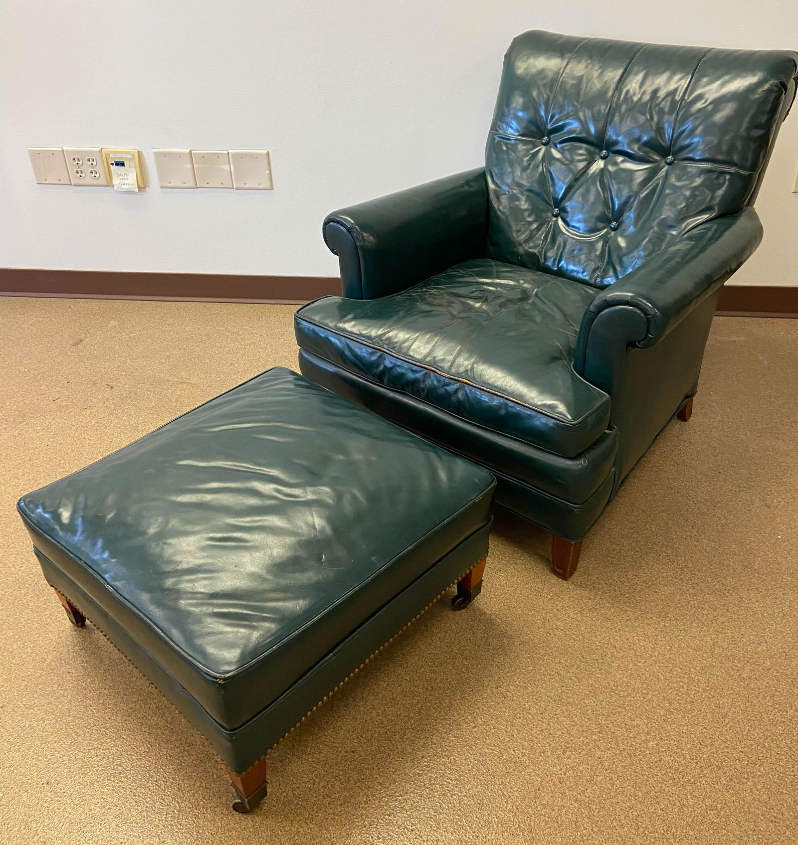 MCM 1950s Bottle Green Leather Armchair and Ottoman (1 of 4)