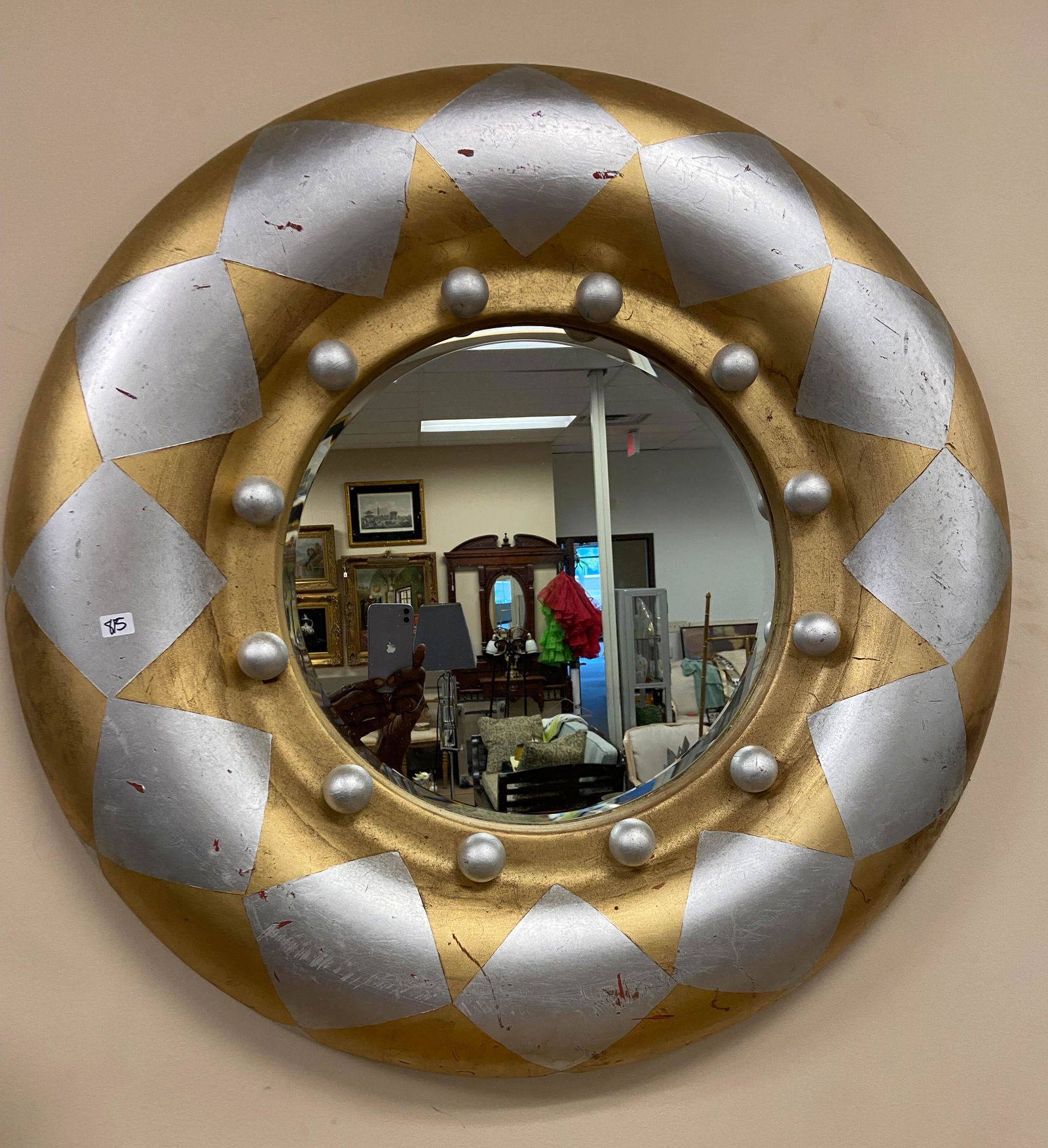 Large Round Silver and Gold Leaf Harlequin Mirror (1 of 1)
