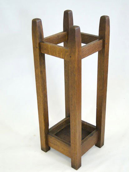 Signed Stickley paper label umbrella stand #54 - 29: Signed Stickley paper label umbrella stand #54 - 29" high - missing copper pan - original finiish- (est. value $500 - $600)