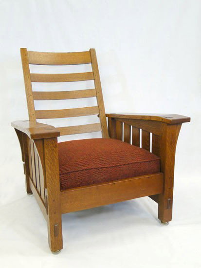 Stickley #369 Reclining chair with bent arm form an: Stickley #369 Reclining chair with bent arm form and adjustable back and spring seat cushion - orig. pegs - professionally refinished and reupholstered 1960's/1970's - 40"high, seat 23" wide, 27 " dee