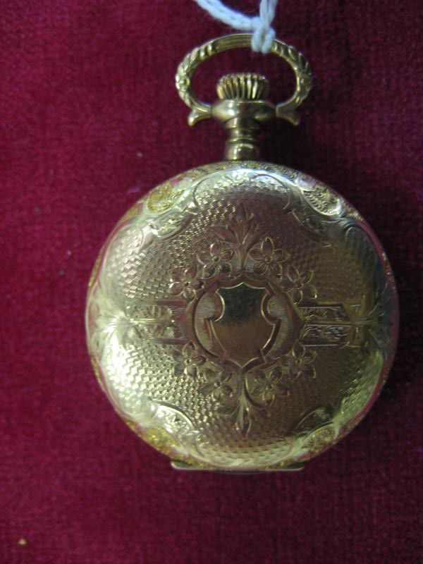 Elaborate heavy rolled gold Elgin ladies pocket wat: Elaborate heavy rolled gold Elgin ladies pocket watch - (est. value $75 - $100)
