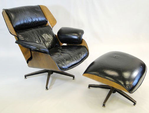 Plycraft Company leather and walnut recliner with: Plycraft Company leather and walnut recliner with stool - tears in leather seat and stool, minor veneer losses and wear (est. value $300 - $600)