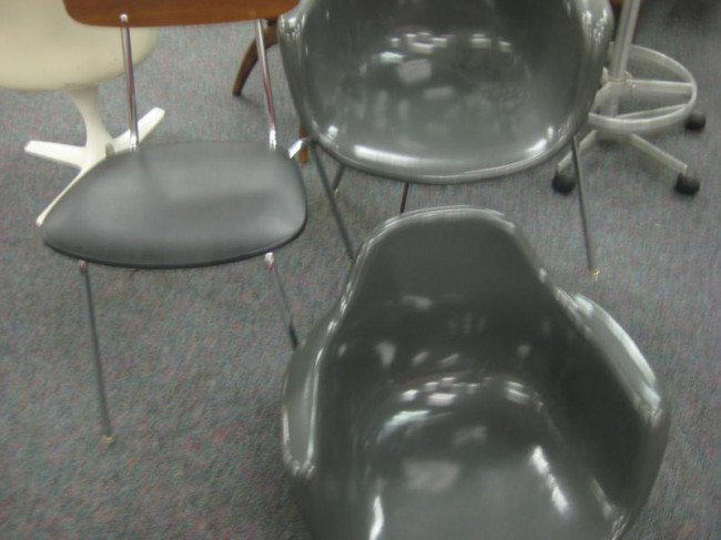 Two molded plastic shell seats by Charles Eames, 1: Two molded plastic shell seats by Charles Eames, 1950 , along w/ chrome and walnut Rway chair, both as is - (est. value $30-40)
