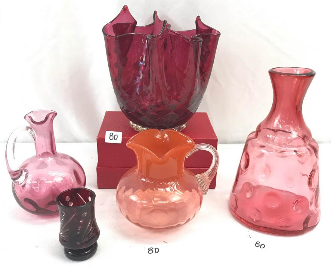 Group of Art Glass Cabinet Pieces: This group of colored art glass cabinet pieces include a cranberry glass folded vase (7" tall), a coinspot decanter (7.5" tall), a Bomien glass toothpick holder (3" tall), a pale purple coinspot cruet