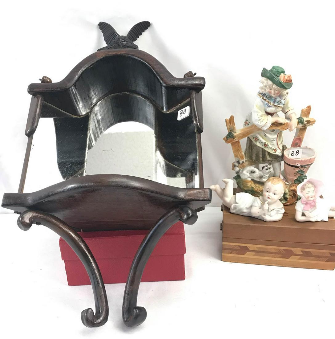 1900 Group of Figurines, Folk Art Shelf: This group of turn of the century items include a Folk Art hand carved mirrored wall shelf with an eagle on the crown and acorns on each corner, along with a 3 panel mirror. It measures 19" tall X 10"