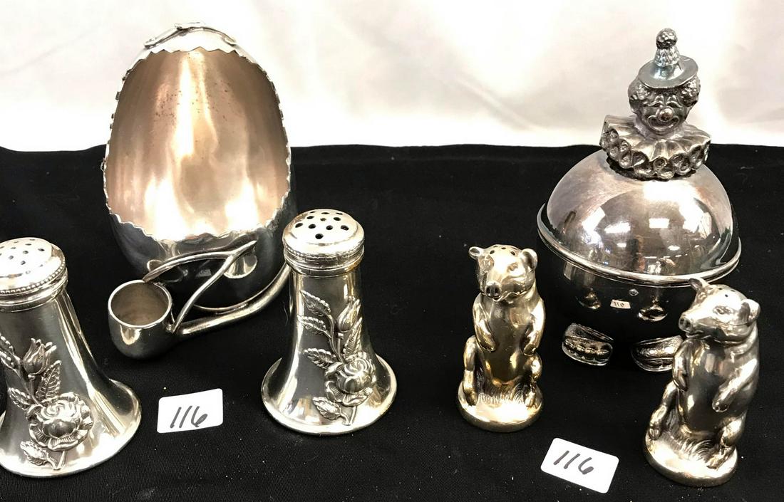Group of 1900's Silver Plate, S&P's More!: This Group of 1900's silver-plate items include a pair of Queen's City Rose S&P's, a Pair of Pig S&P's, a clown bank, and an egg with a pipe and wishbone.