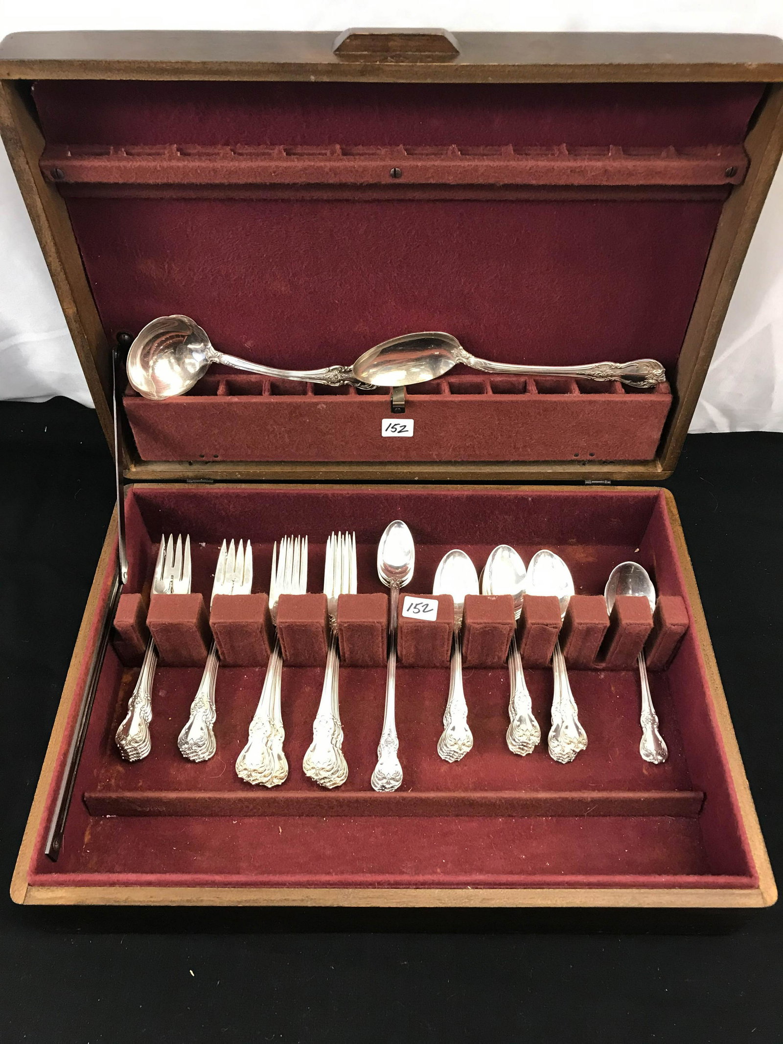 Sterling Silver Flatware by Towle-"Old Masters": This group of sterling silver flatware by Towle is in the "Old Masters" pattern and includes the following: 7 Dinner forks, 9 Fish Forks, 4 Ice Cream Spoons, 14 Teaspoons, a sugar spoon, sauce ladle, 