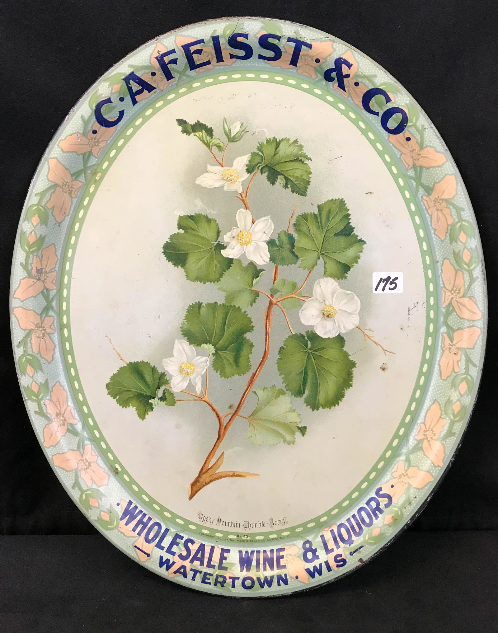 Large Oval Beer Tray Advertising for CA Feisst & Co: Tin lithograph advertising tray for CA Feisst & Co Wholesale Wine and Liquors Watertown WI. Oval tray features a floral art nouveau border and a Rocky Mounty Thimble Berry plant at center. Tray is mar