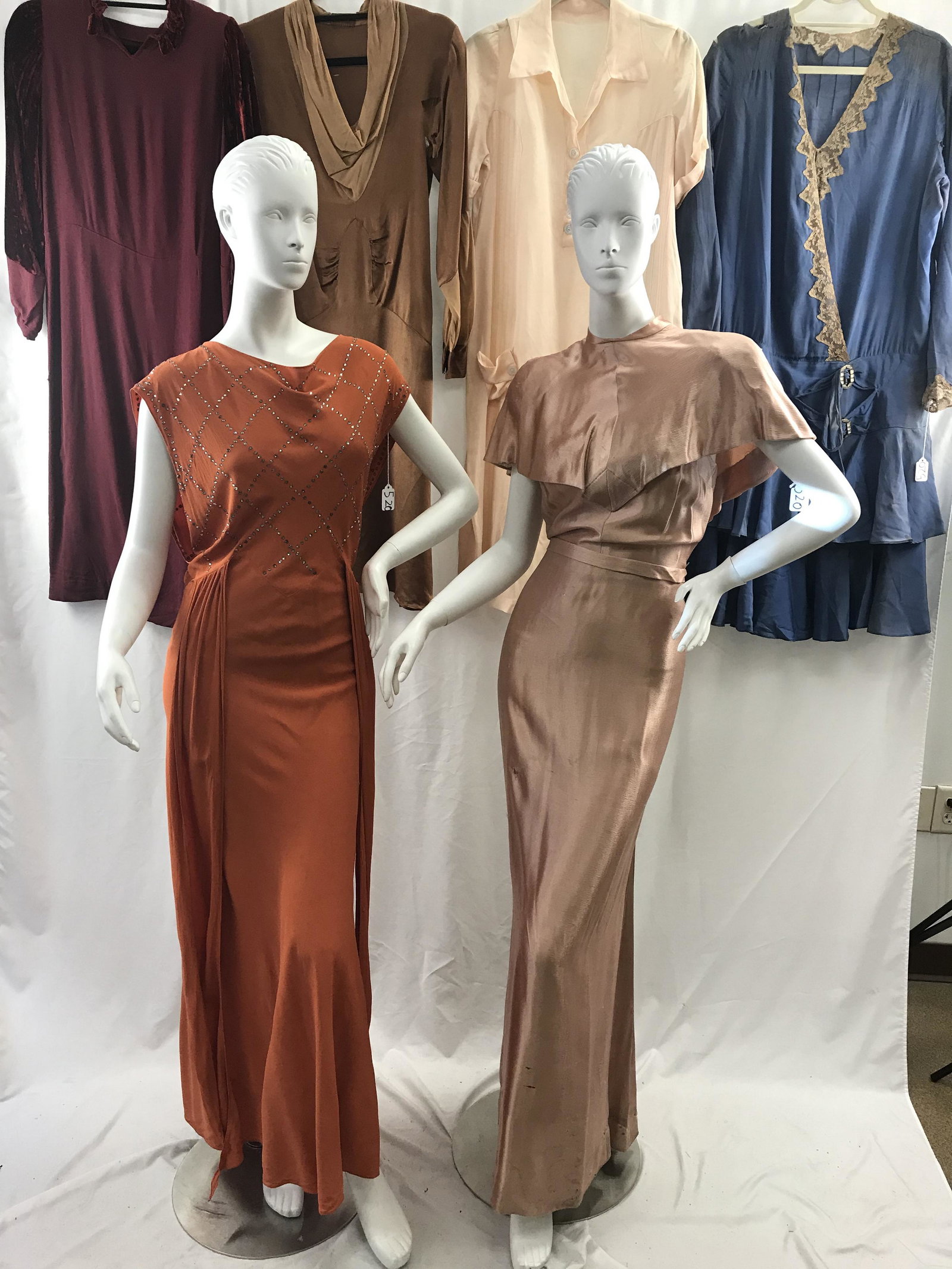 Group of 1920/30's Vintage Ladies Garments: This group of 1920's to 1930's ladies fancy dresses all have issues but are interesting design and detailing. They include a 1930's full length pink satin rayon floor length evening gown with a fish t