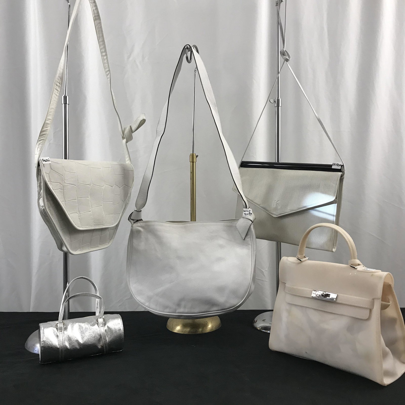 Lot of Designer Purses, Bottega Venetta, More!: This roup of designer vintage purses include a white leather Bottega Venetta shoulder bag in good condition (9" tall X 13" across), a white Krizia shoulder bag that can convert into a clutch (9" tall