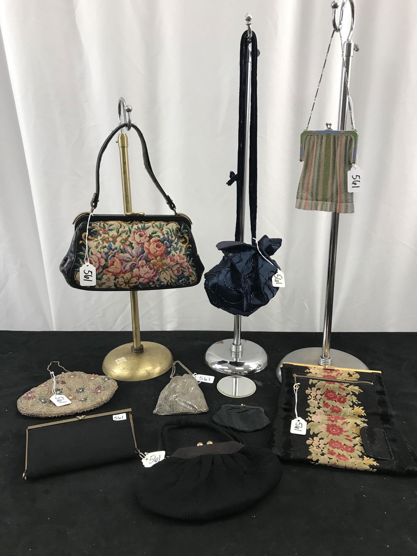 Group of Vintage Purses, Chainmail, More!: This group of early to mid 1900's ladies evening bags include a Whiting and Davis 1920's striped chainmail bag, a silver spider mesh bag, a beaded floral Marshall Field and Company circa 1910, a navy