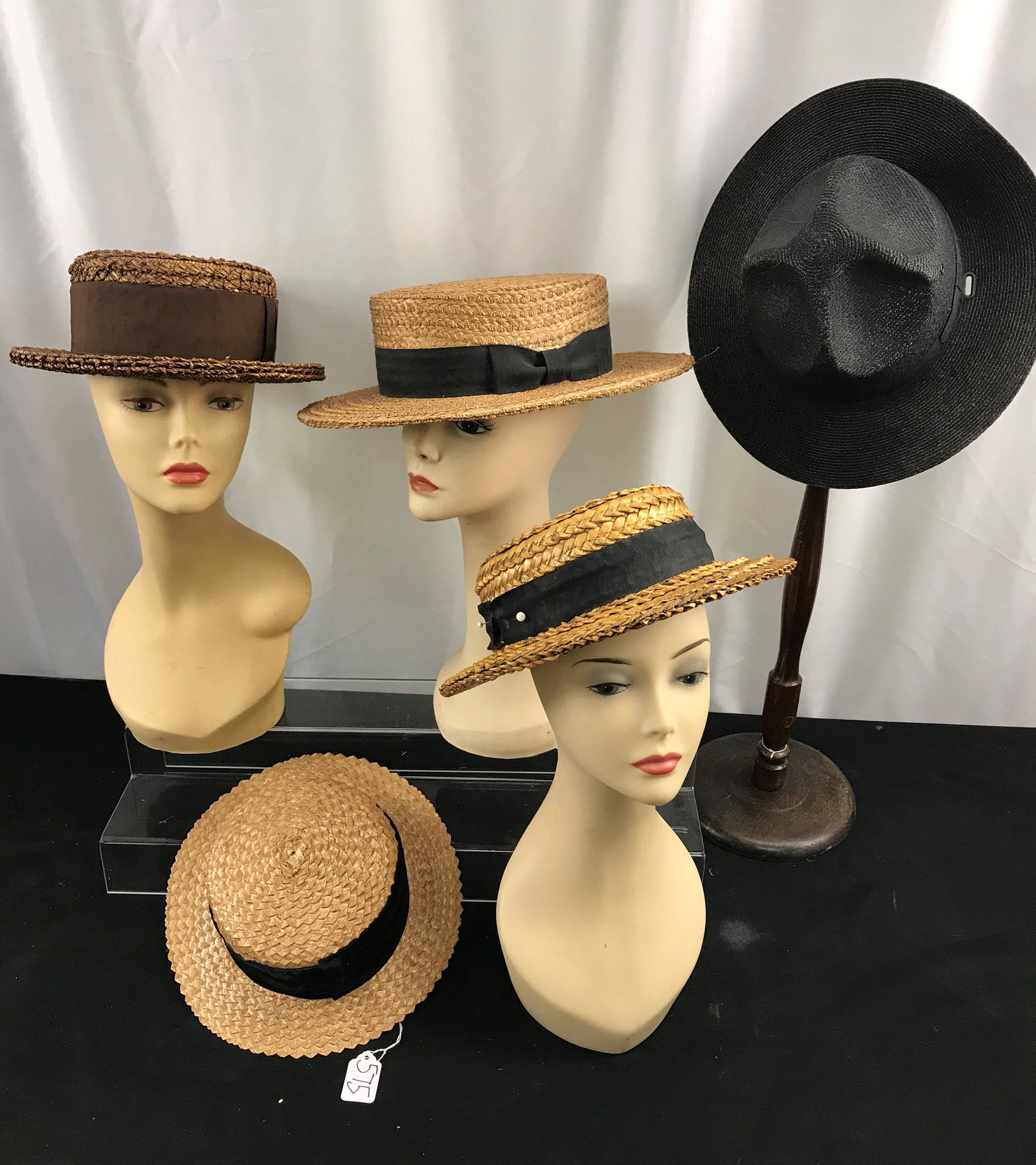 Group of ealy 1900's Ladies and Mens Straw Hats: This group of Men's and Ladies vintage straw hats range from 1900-1920's and include a men's York straw boater (sz. 7 3/8), a Sarnoff-Irving men's stingy brim boater from about 1900, a ladies straw ha