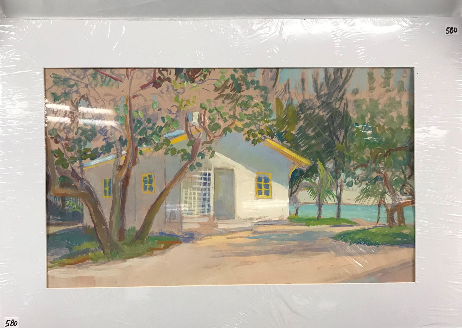 Mary T.Mason Cassein on Paper 1964: This cassein painting on paper is by listed American landscape artist Mary Townsend Mason (1886-1964) and dates from 1964. It is titled "Spring, Sanibel". It depicts a colorful house sitting on the wa