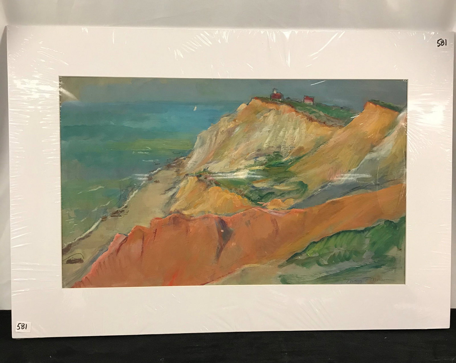 Mary T. Mason Cassein on Paper 1962: This cassein painting on paper is by listed American landscape artist Mary Townsend Mason (1886-1964) and dates from 1962. It is titled "Gay Head". It depicts the small village of Aquinna, Massachuset