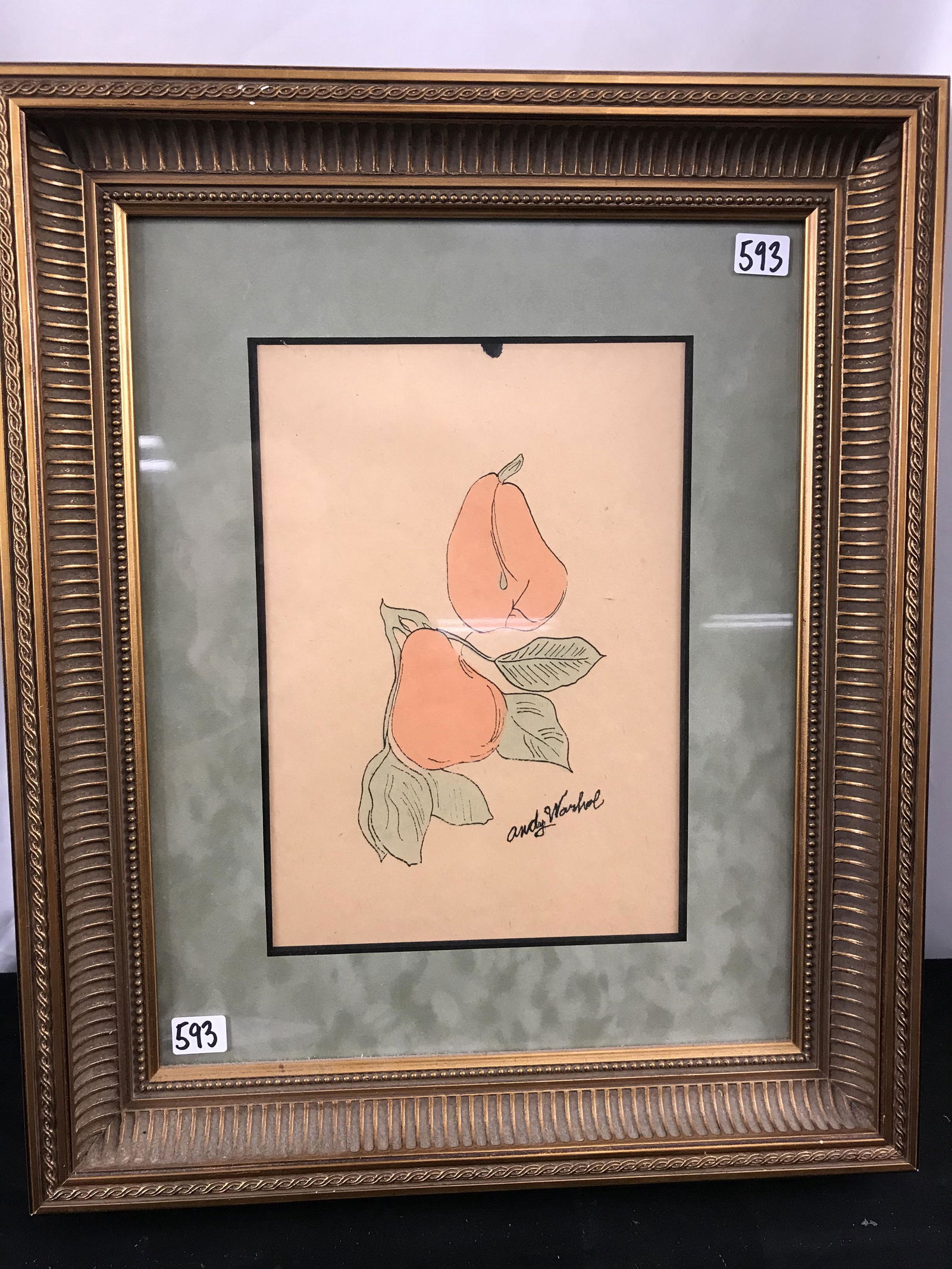 Andy Warhol Original Offset Print of Pears 1957: This quality matted and framed original 1957 offset print is by noted Pop Artist Andy Warhol (1928-1987) and is titled "Pears", in an edition of 100. It has been partially hand colored, and blotted li