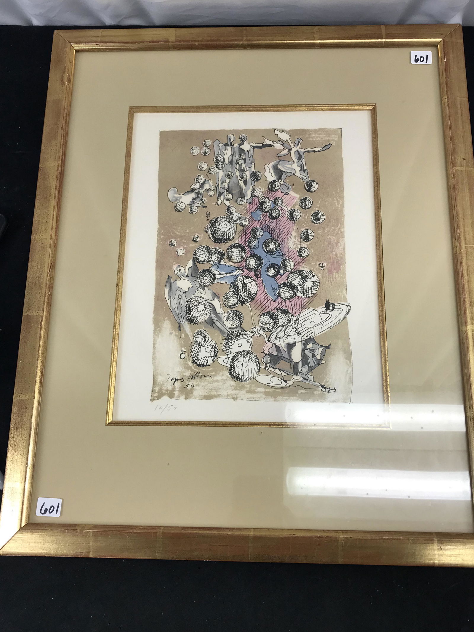 Jacques Villon Signed , Numbered Lithograph: This quality matted and framed Jacques Villon (1875-1963) original Surrealist/Cubist multicolored lithograph depicts angels, and centaurs and floating bubbles. It is signed in the print, and also in p