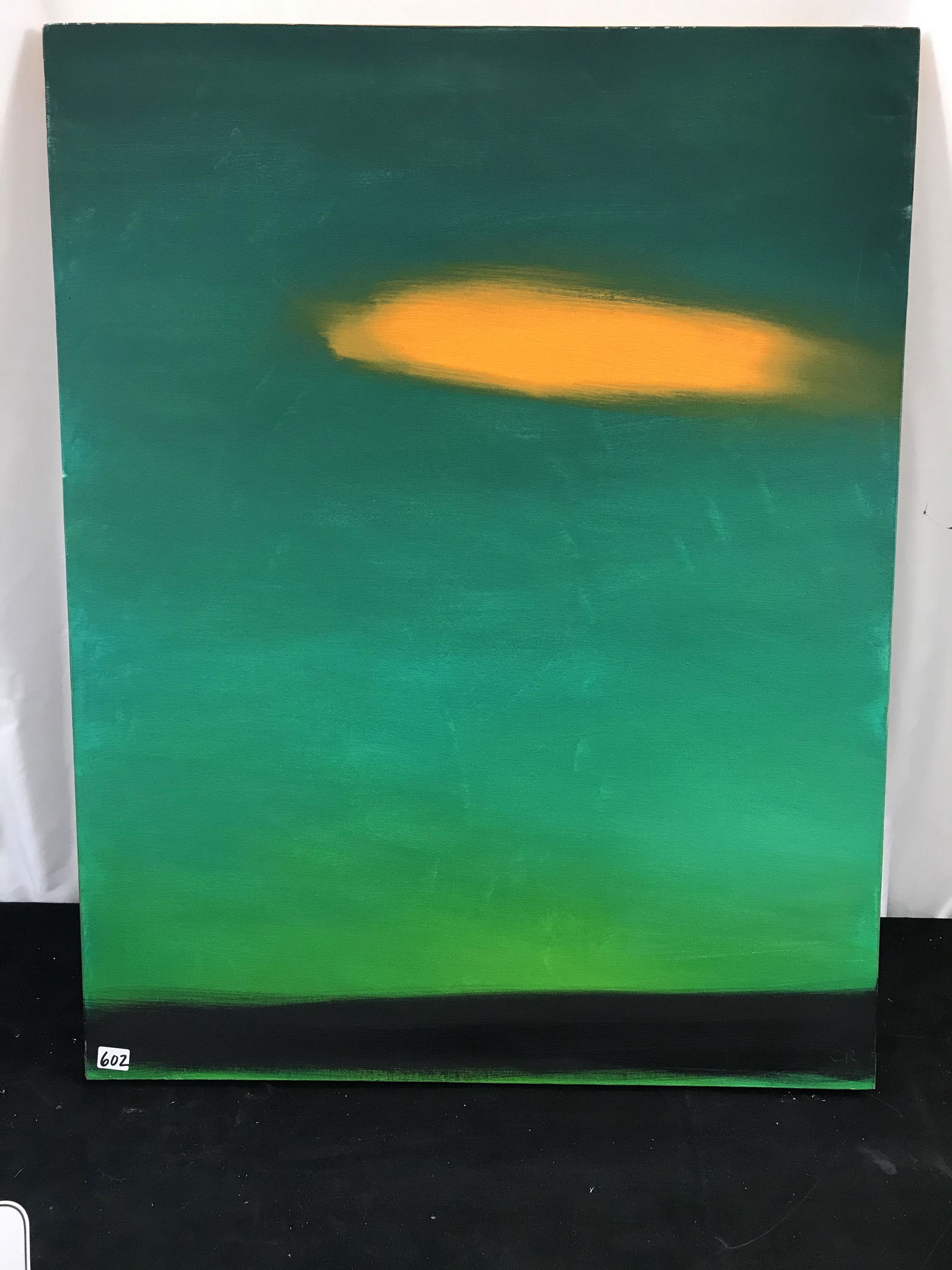 Curtis Ripley Oil on Canvas Abstract 2003: This Abstract Expressionist style oil on canvas is by important listed California artist Curtis Ripley (1948-). It shows a field of green painted over his signature black gessoed canvas with an orange
