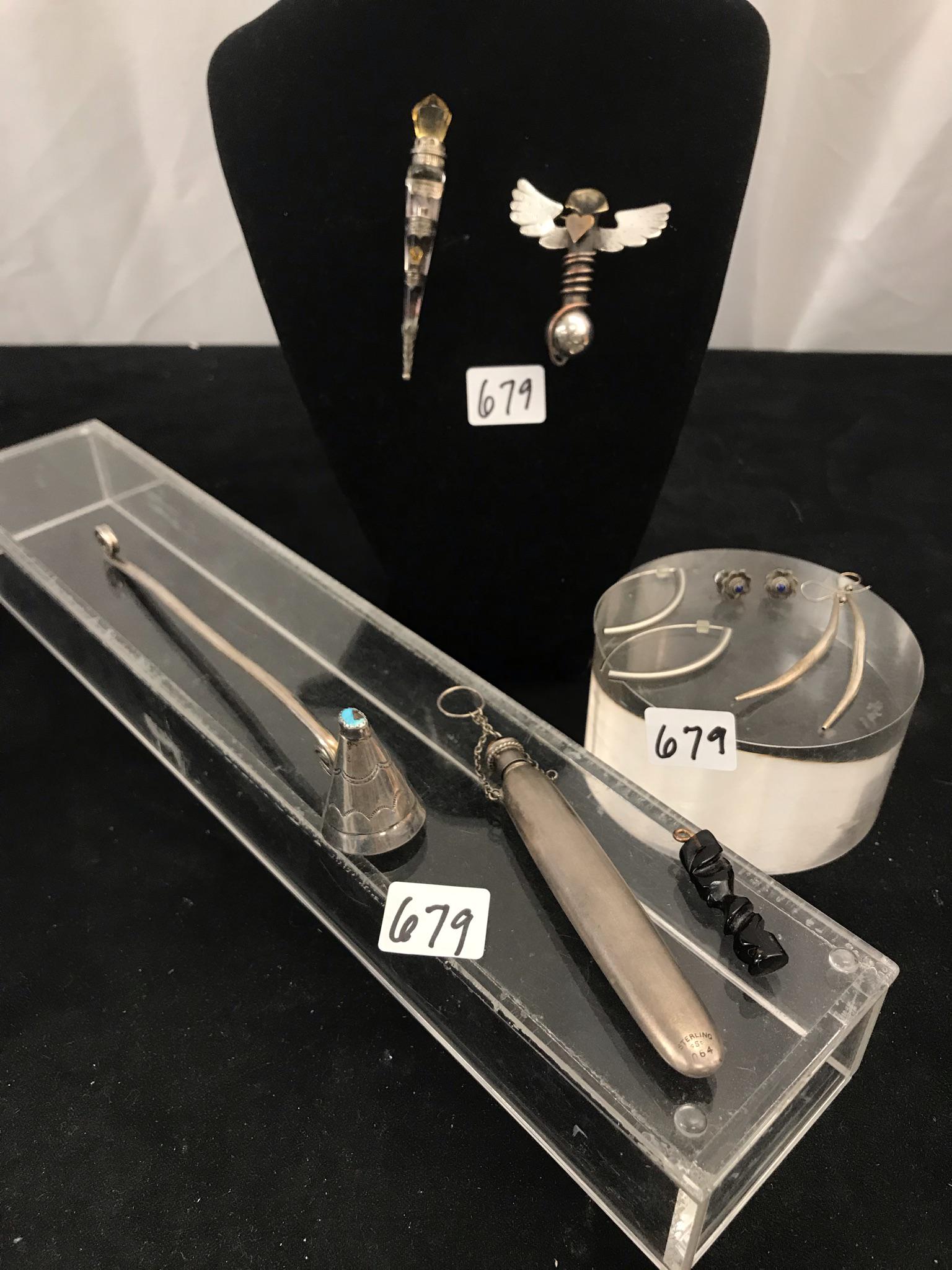 Group of Sterling Pins, Earrings, More!: This group of sterling ladies jewelry include 3 pair of pierced earrings, a winged bud vase brooch, a crystal and sterling scepter brooch, a sterling scent bottle, and a hand made sterling candle snuf