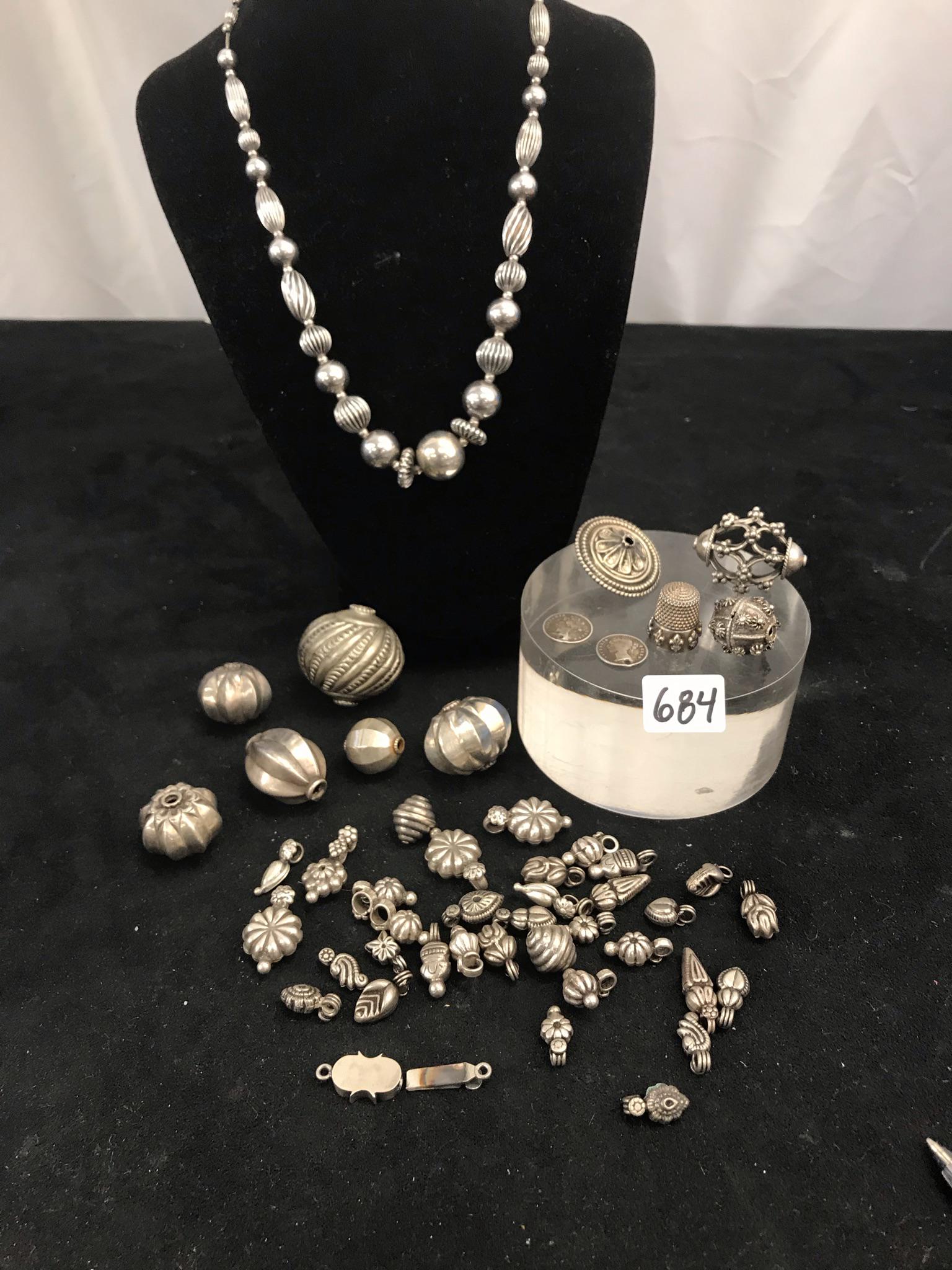 Sterling Silver Necklace, Beads, More!: This group of sterling silver includes a sterling bead necklace (18" long), a sterling thimble with fleur de lis, silver beads, and 2 Indian Anna coins dated 1841 with a very young Queen Victoria on o