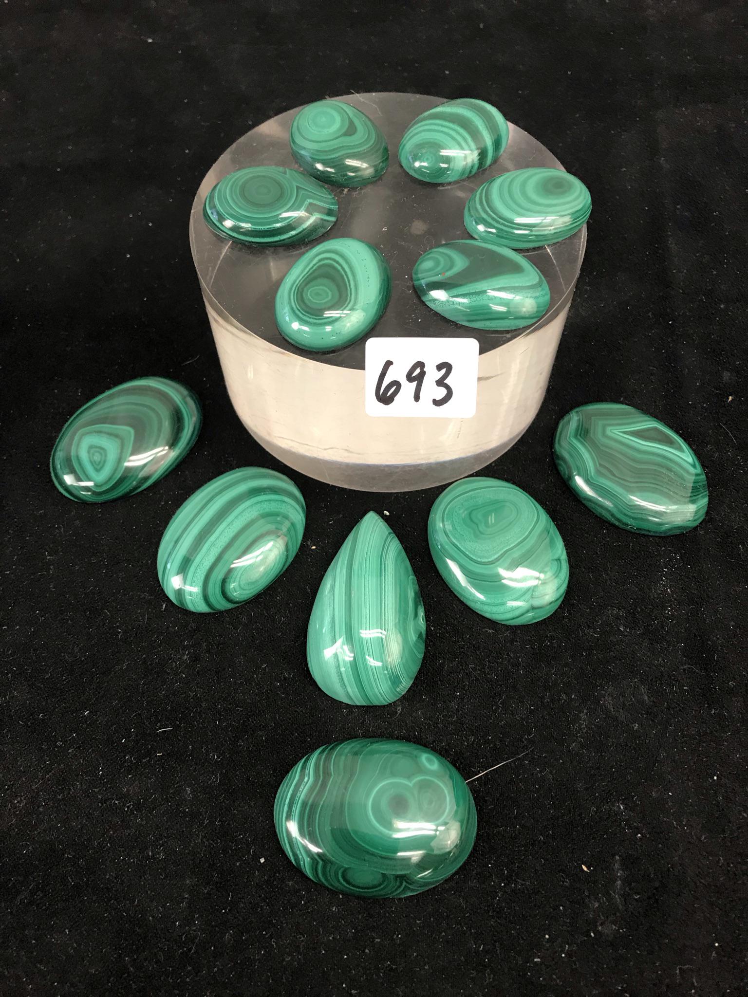 Group of 11 Polished Malachite Stones: This group of polished malachite stones include one teardrop shaped stone, five 1.5" oval stones, and six 1.25" long oval stones.