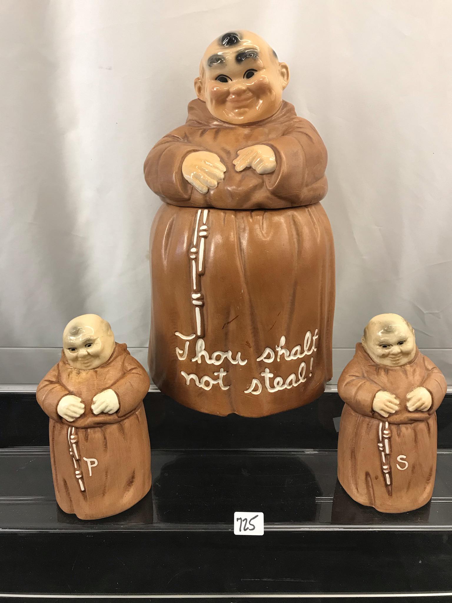 Twin Winton Monk Cookie Jar & Salt, Pepper: This Monk cookie jar and matching salt and pepper shakers is by Twin Winton, They are in excellent condition. Cookie Jar measures 12" tall X 7" acorss. Shakers measure 6" tall X 3.5" across.
